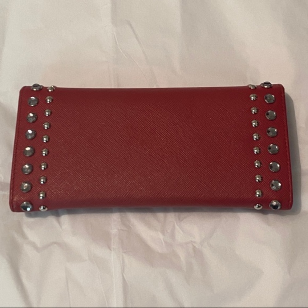 PRADA RED SAFFIANO STUDDED BORCHI CONTINENTAL WALLET - Picture 4 of 10
